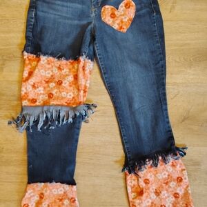 Upcycled Jeans Sz 8 OOAK Bohemian Hippie Floral Festival Hearts Pants Valentines